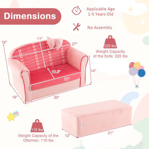 Ultra Soft Velvet Kids Sofa Chair Toddler Couch with Ottoman-Pink view 5