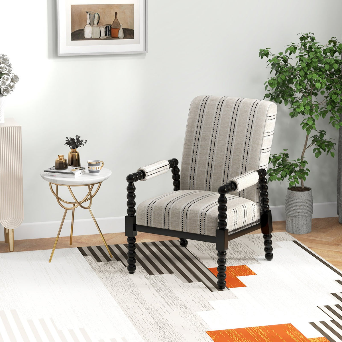 Upholstered Accent Chair with Rubber Wood Frame for Living Room-Beige view 2