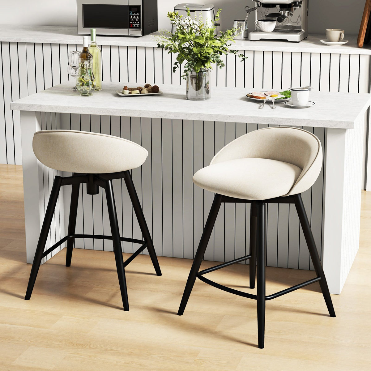 Upholstered Bar Stools Set of 2 with Footrest and Backrest-Beige view 2