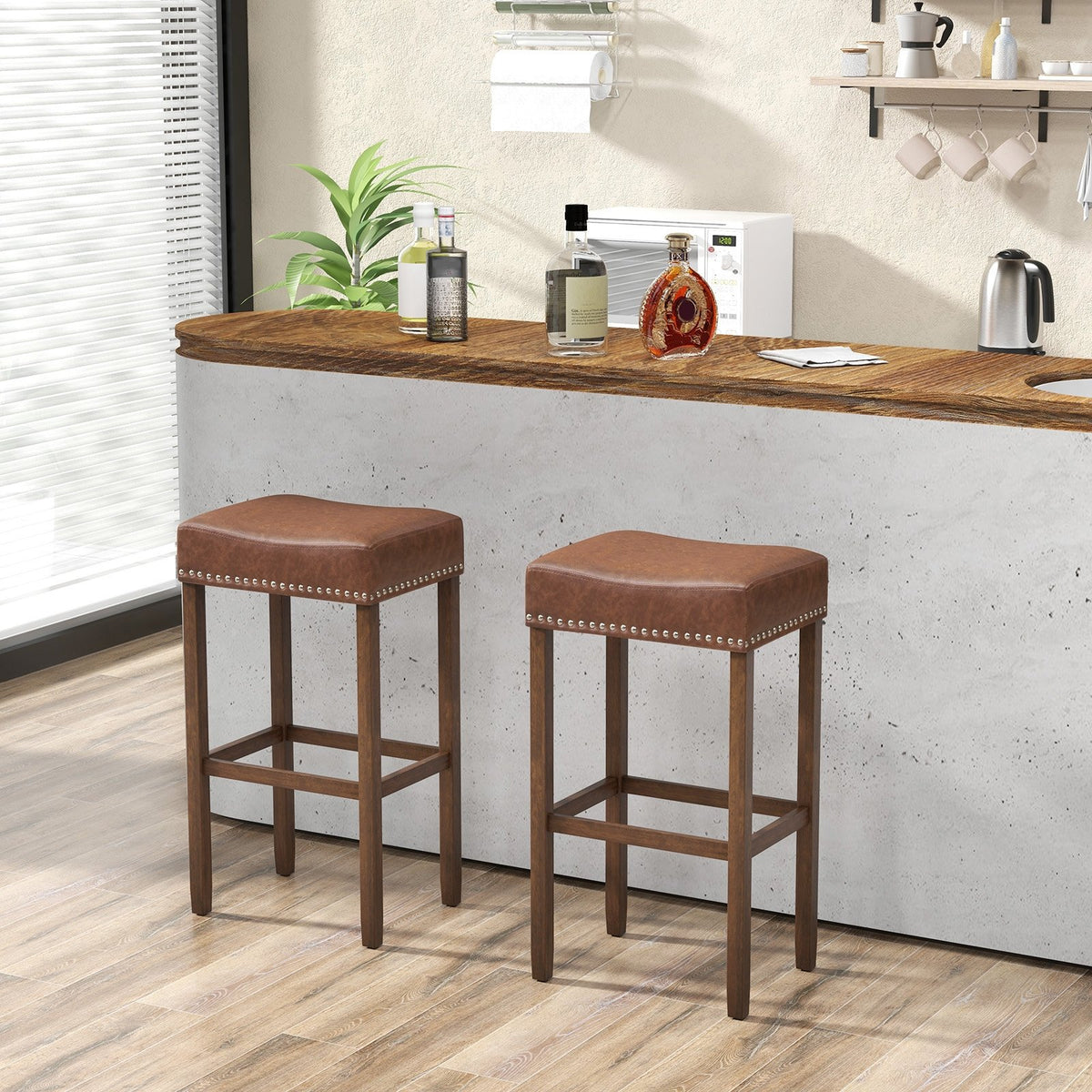 Upholstered Bar Stools Set of 2 with Footrests for Counter-Brown view 2