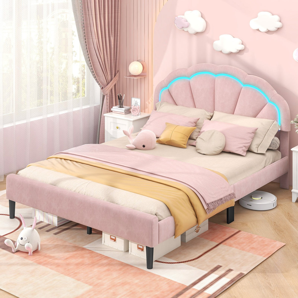 Upholstered LED Bed Frame with Adjustable Flower Headboard and Metal Support Feet Pink-Queen Size view 2