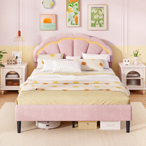 Upholstered LED Bed Frame with Adjustable Flower Headboard and Metal Support Feet Pink-Queen Size view 3