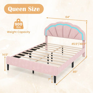 Upholstered LED Bed Frame with Adjustable Flower Headboard and Metal Support Feet Pink-Queen Size view 4