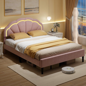 Upholstered LED Bed Frame with Adjustable Flower Headboard and Metal Support Feet Pink-Queen Size view 5