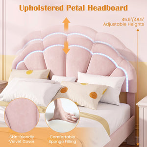 Upholstered LED Bed Frame with Adjustable Flower Headboard and Metal Support Feet Pink-Queen Size view 6