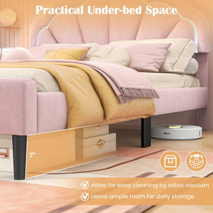 Upholstered LED Bed Frame with Adjustable Flower Headboard and Metal Support Feet Pink-Queen Size view 7