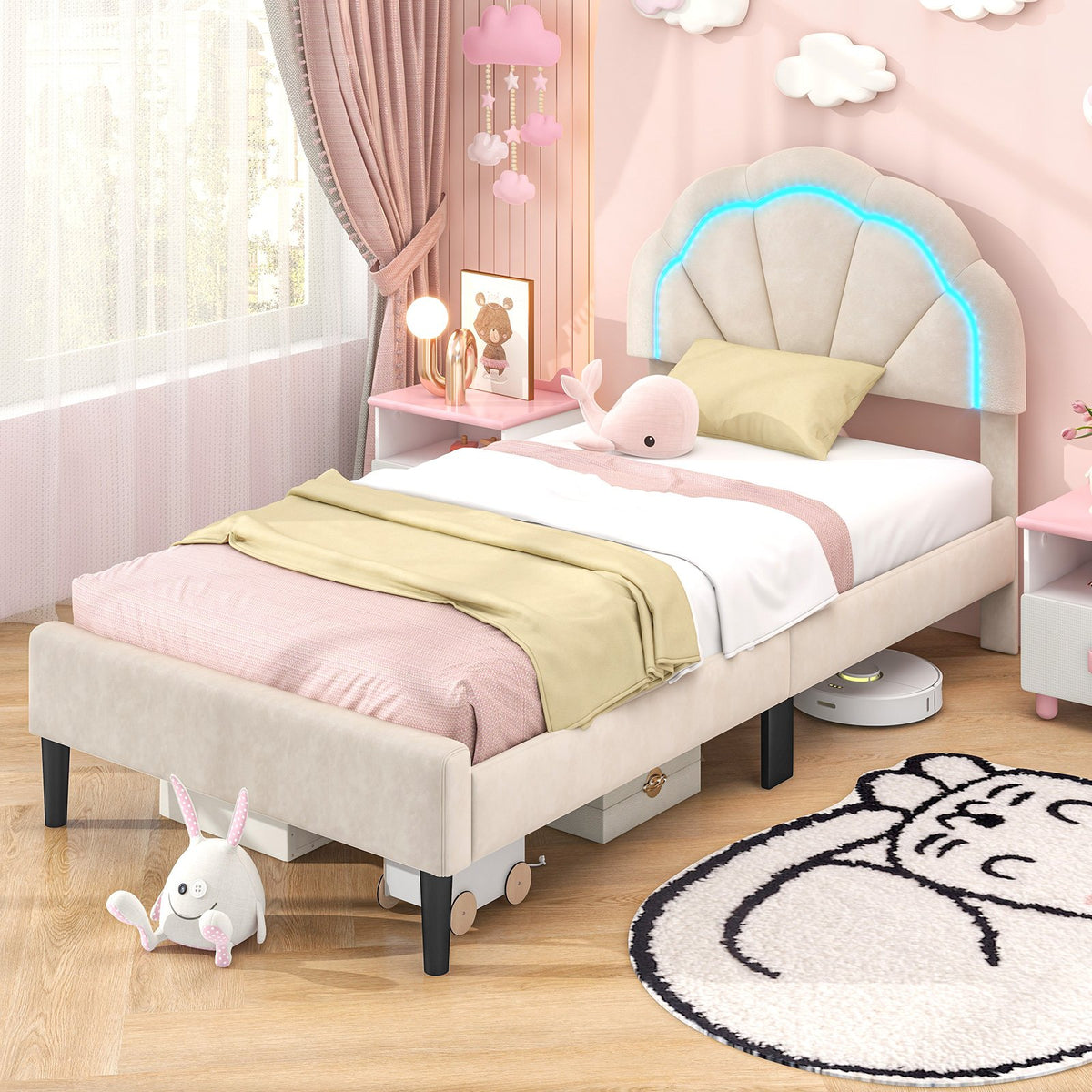 Upholstered LED Bed Frame with Adjustable Flower Headboard and Metal Support Feet-Twin Size view 2