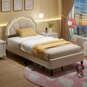 Upholstered LED Bed Frame with Adjustable Flower Headboard and Metal Support Feet-Twin Size view 3