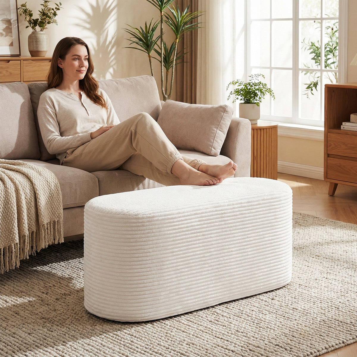 Upholstered Ottoman Bench with High-Density Sponge-Beige view 2