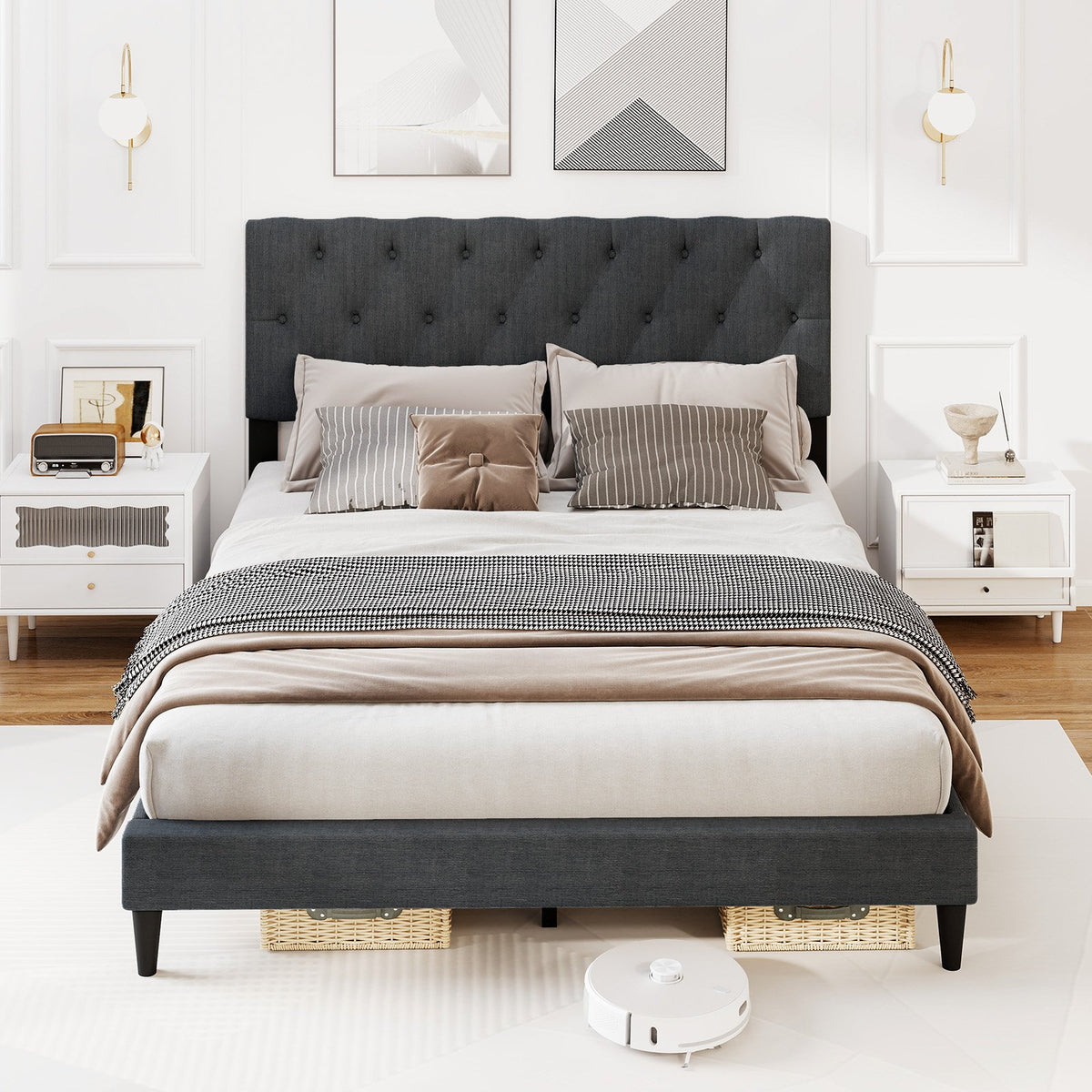 Upholstered Platform Bed with Tufted Headboard and Wooden Slats Gray-Queen Size view 2