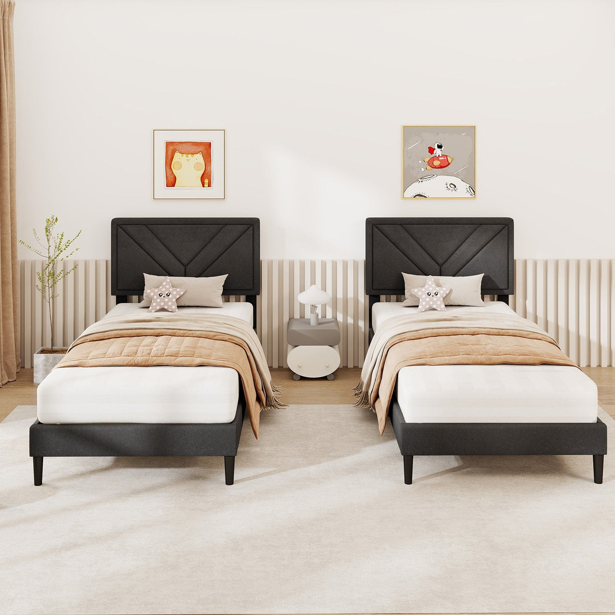 Upholstered Platform Bed with Tufted Headboard and Wooden Slats-Twin Size view 2