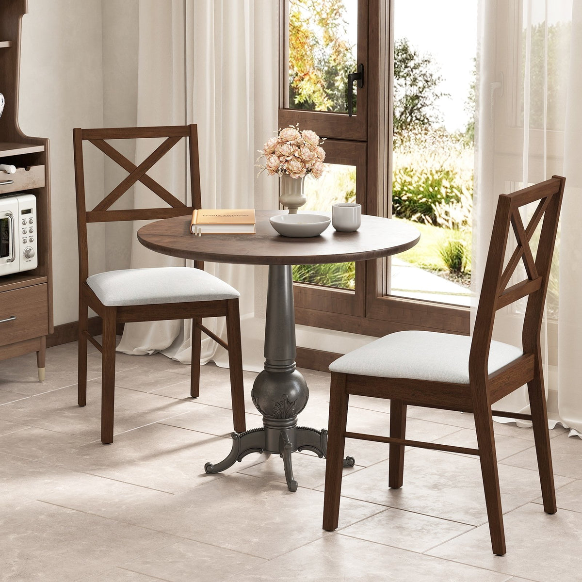 Upholstered Side Dining Chairs Set of 2 with Rubber Wood Frame-Brown view 2
