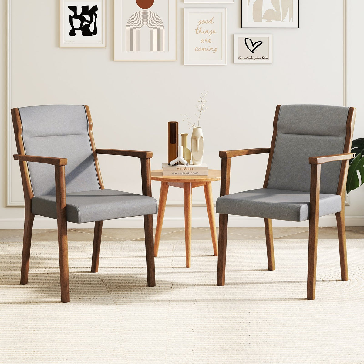 Upholstered Wooden Accent Chairs Set of 2 with High Back and Soft Cushion-Gray view 2