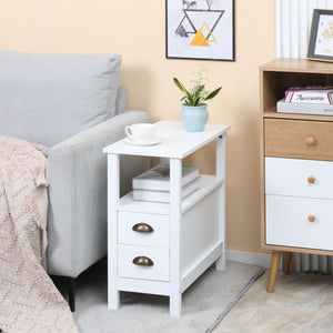 Slim End Table with 2 Drawers and Storage Shelf, Sofa Side Table for Living Room, Narrow Nightstand, White