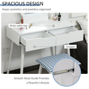 Makeup Vanity Desk with Round Mirror and 2 Drawers, Dressing Table with Cushioned Stool Set for Bedroom (White)