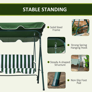 3-Seater Outdoor Porch Swing with Adjustable Canopy, Patio Swing Chair for Garden, Poolside, Backyard, Green and White