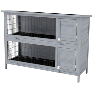 2 Tier Wooden Rabbit Hutch Bunny Pet House Wooden Coop Run, Grey