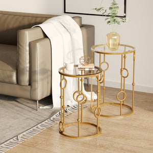 Round Coffee Tables Set of 2, Gold Nesting Side End Tables with Tempered Glass Top, Steel Frame for Living Room