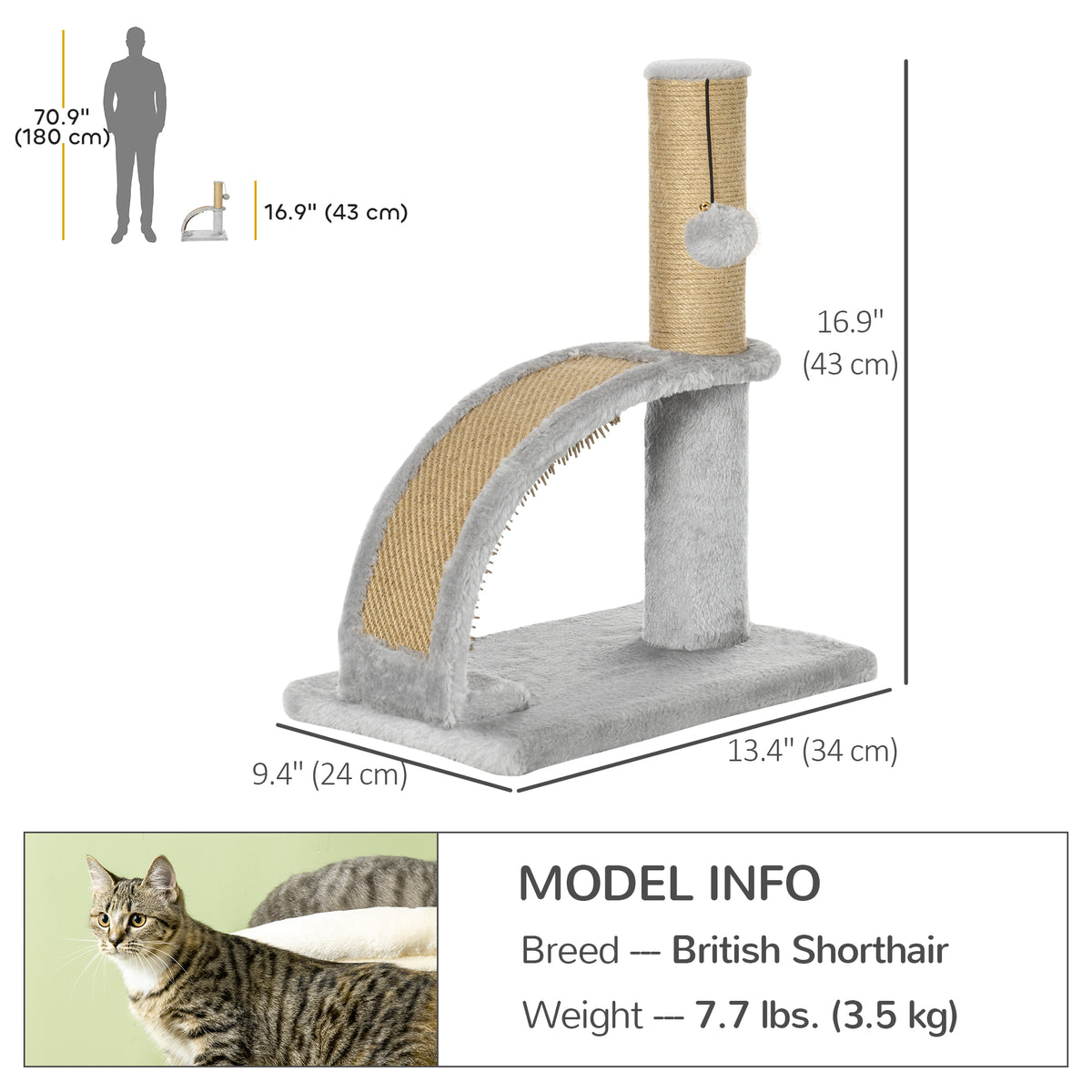 17" Small Cat Tree with Jute Scratching Post, Curved Scratching Board, Dangling Ball with Bell, Grey