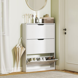 Narrow Shoe Storage Cabinet, Shoe Cabinet with 3 Flip Drawers, 31.5" W x 6.7" D x 42.5" H, White
