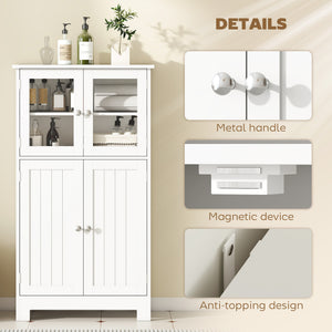 Bathroom Floor Storage Cabinet with Tempered Glass Doors and Adjustable Shelf, Kitchen Cupboard, Free Standing Organizer for Living Room Entryway, White