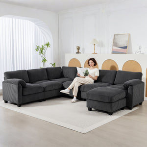 Modular Sectional Sofa, Oversized U-Shaped Couch with Spring Cushion, Corduroy Sofa for Living Room, Charcoal Grey