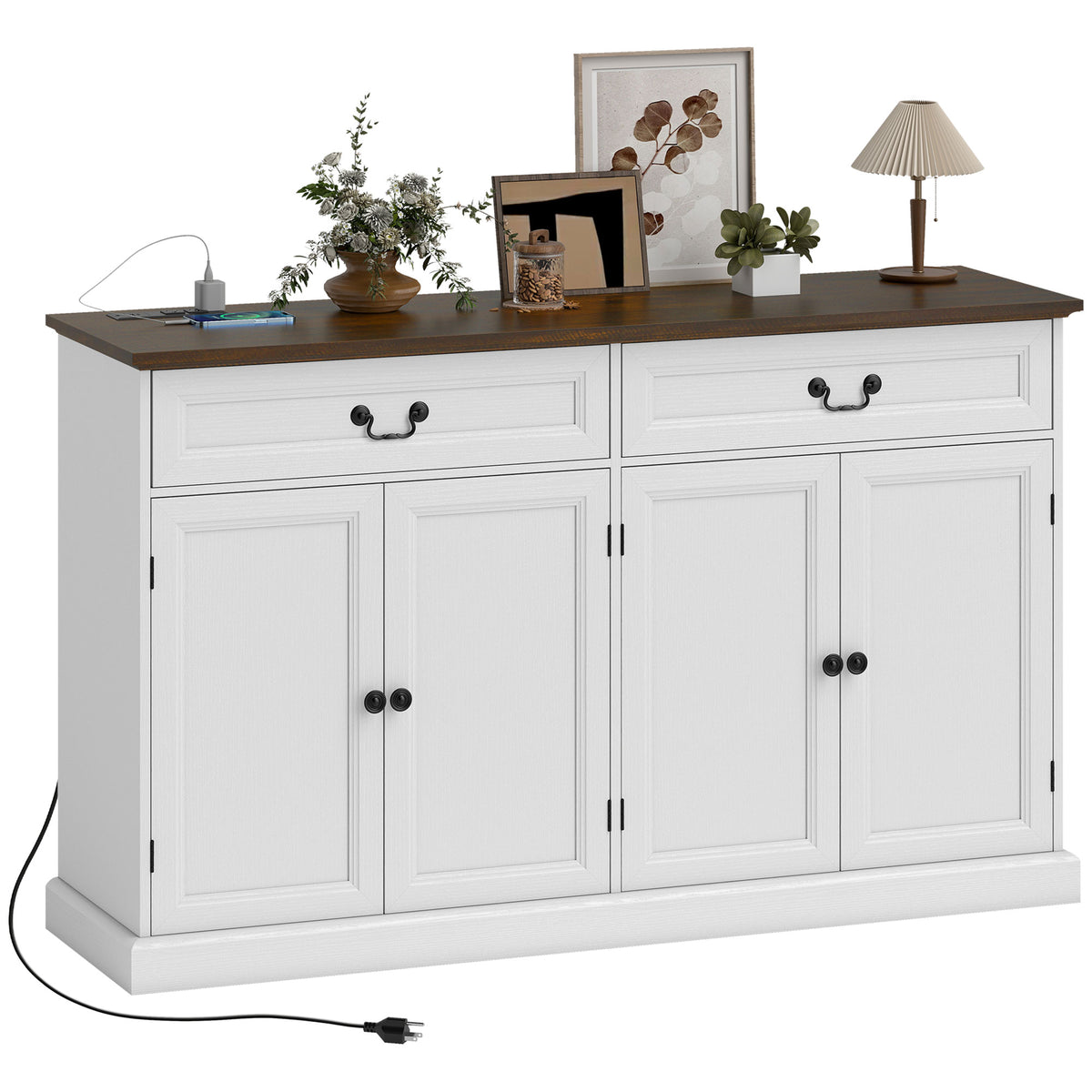 Buffet Cabinet, 32" Farmhouse Sideboard with Thick Top, Quiet Drawer and Adjustable Shelf, White Wood Grain – view 2