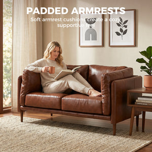 59" Loveseat Sofa, PU Leather 2 Seater Sofa with Wide Seat, High-Density Foam, Thick Cushion, Wood Legs, Brown