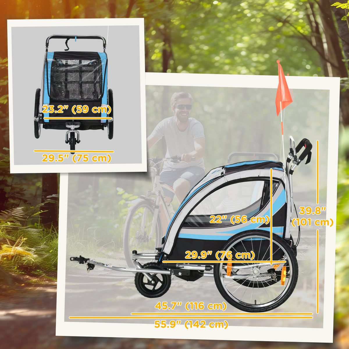 Aosom 2 Seat Bike Trailer for Kids 2-in-1 Double Baby Stroller with Handbrake, Rubber Wheels, 5 Point Harness, Waterproof Cover, Storage Bag, Reflectors