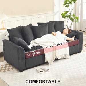 Corduroy Couch, 3 Seater Sofa, Modern Upholstered Couch with Curved Armrests and 8 Removable Pillows, Dark Grey