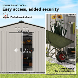 9.1' x 6.4' x 6.3' Garden Storage Shed w/ Foundation Kit Metal Tool Storage House w/ Double Doors Grey