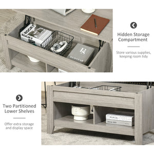 Lift Top Coffee Table with Hidden Storage Compartment and Open Shelves, Lift Tabletop Pop-Up Center Table for Living Room, Dark Walnut