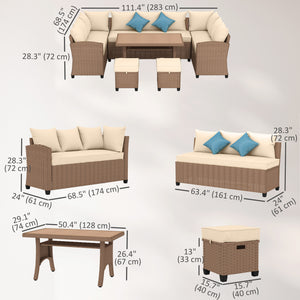 6 Pieces Patio Furniture Set, Outdoor Wicker Sofa Set, All Weather PE Rattan Conversation Furniture, with Strip Wood Grain Plastic Coffee Table & Cushions, Khaki