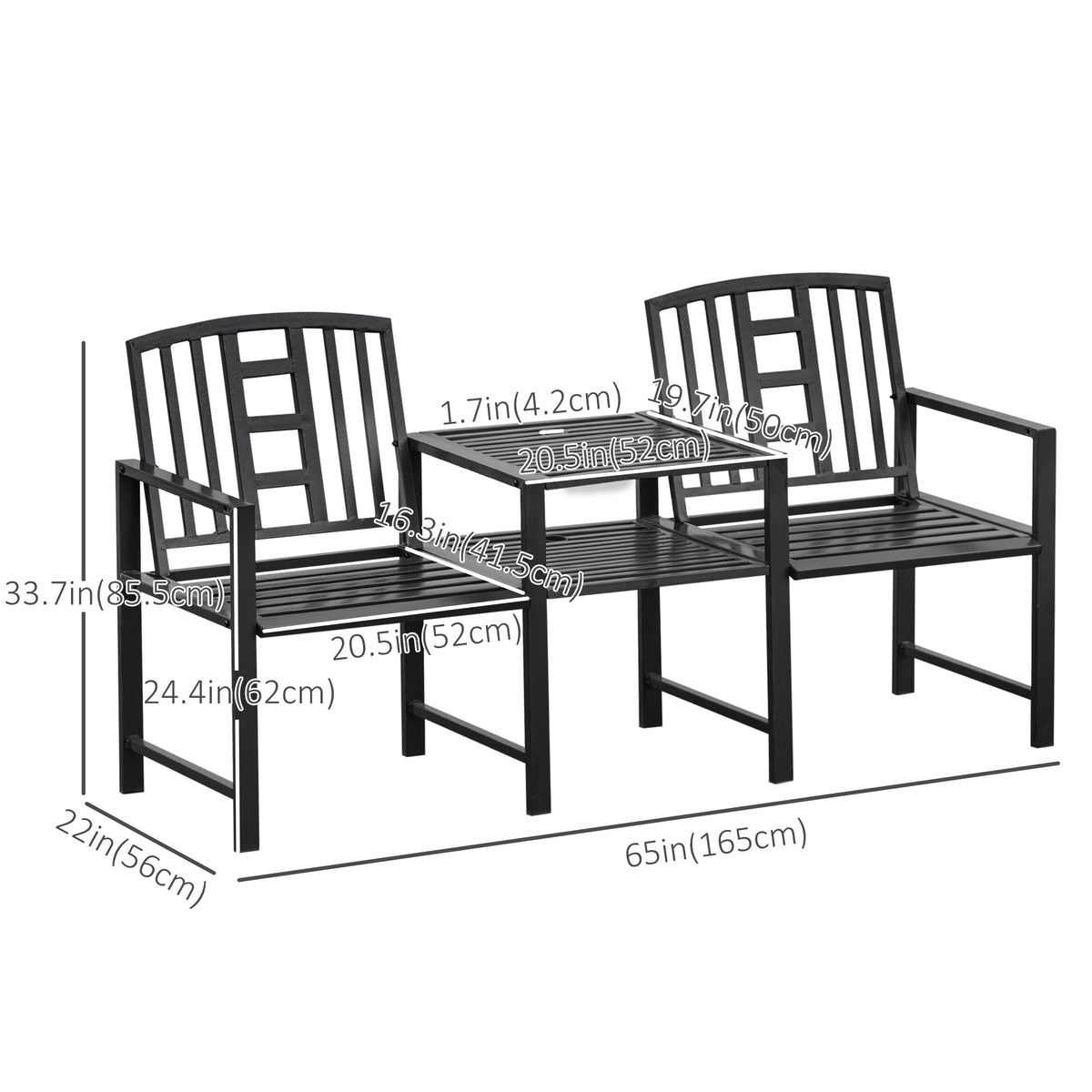 Steel Garden Bench w/ Middle Table, Umbrella Hole, Double Seat for Outdoor, Patio, Backyard Weather-Resistant Frame, Black