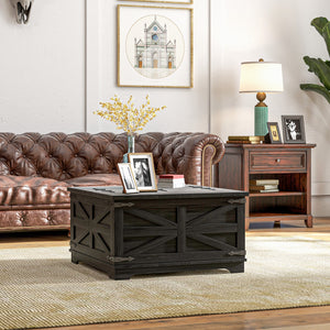 Farmhouse Coffee Table, Square Center Table with Flip-top Lids, Hidden Storage Compartment, Black – view 7