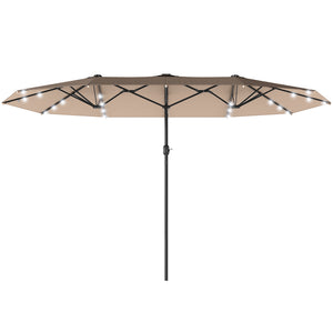 174" Double-Sided Sun Umbrella Garden Parasol Patio Sun Shade Outdoor with LED Solar Light, Khaki
