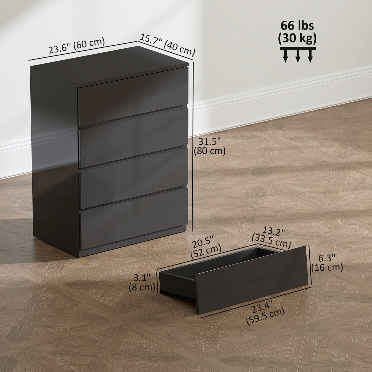 4 Drawer Cabinet, High Gloss Drawer Chest for Bedroom, Chest of Drawers with Metal Runners and Groove Handles, Black