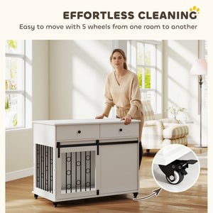 39" Dog Crate Furniture, Dog Kennel Indoor with 2 Drawers, Wheels, Sliding Door, Dog Cage for Medium Large Dogs, Oak