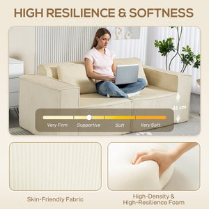 Boneless Couch, Corduroy 3 Seater Sofa with Deep Seat, Wide Armrests, 2 Pillows, Quick Assembly for Living Room, Beige