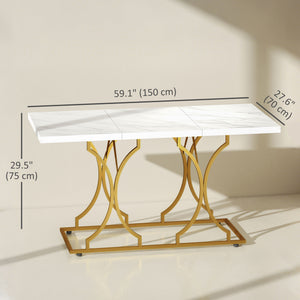 59-Inch Dining Table for 6, Modern Marble-Pattern Kitchen Dinner Table with Metal Pedestal for Home, Dining Room, White