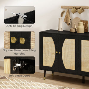 55" Sideboard Buffet Cabinet, Boho Storage Cabinet with Adjustable Shelves, Soft Close Doors and Rattan Front, Black