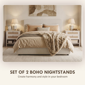 Set of 2 Boho Bedside Tables, Rattan Nightstands with 2 Drawers, Storage Shelf, End Side Tables for Bedroom, White Oak