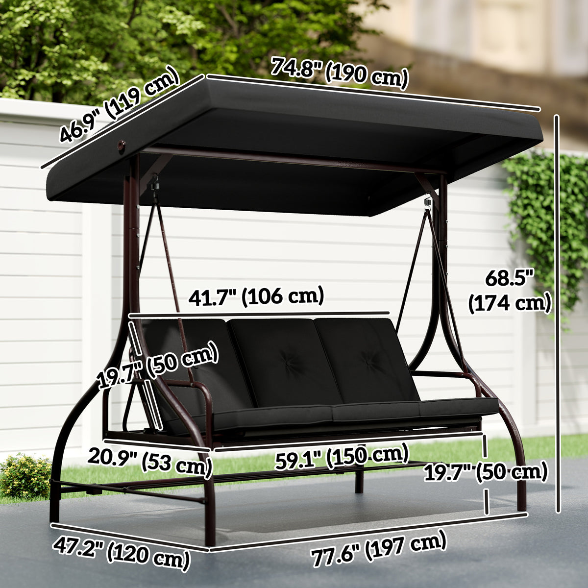 Convertible Patio Swing Bed with Canopy and Cushions, 3 Seater Porch Swing for Outdoor, Backyard, Garden – view 2