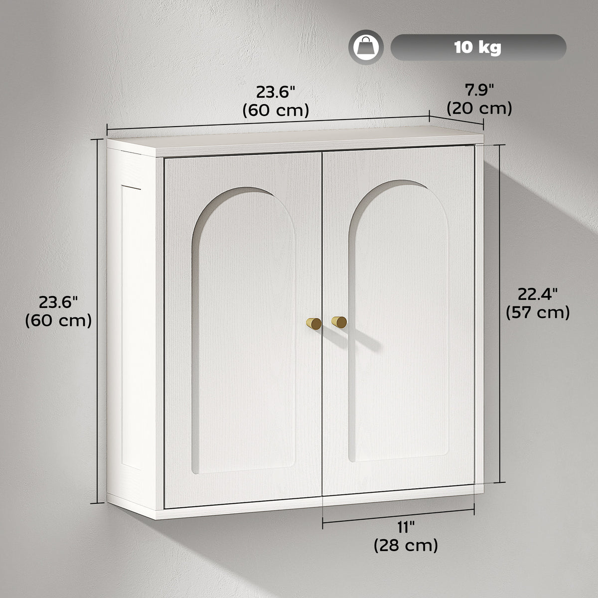Medicine Cabinet, Modern Bathroom Wall Cabinet with 2 Arched Doors and Gold Handles, White Wood Grain