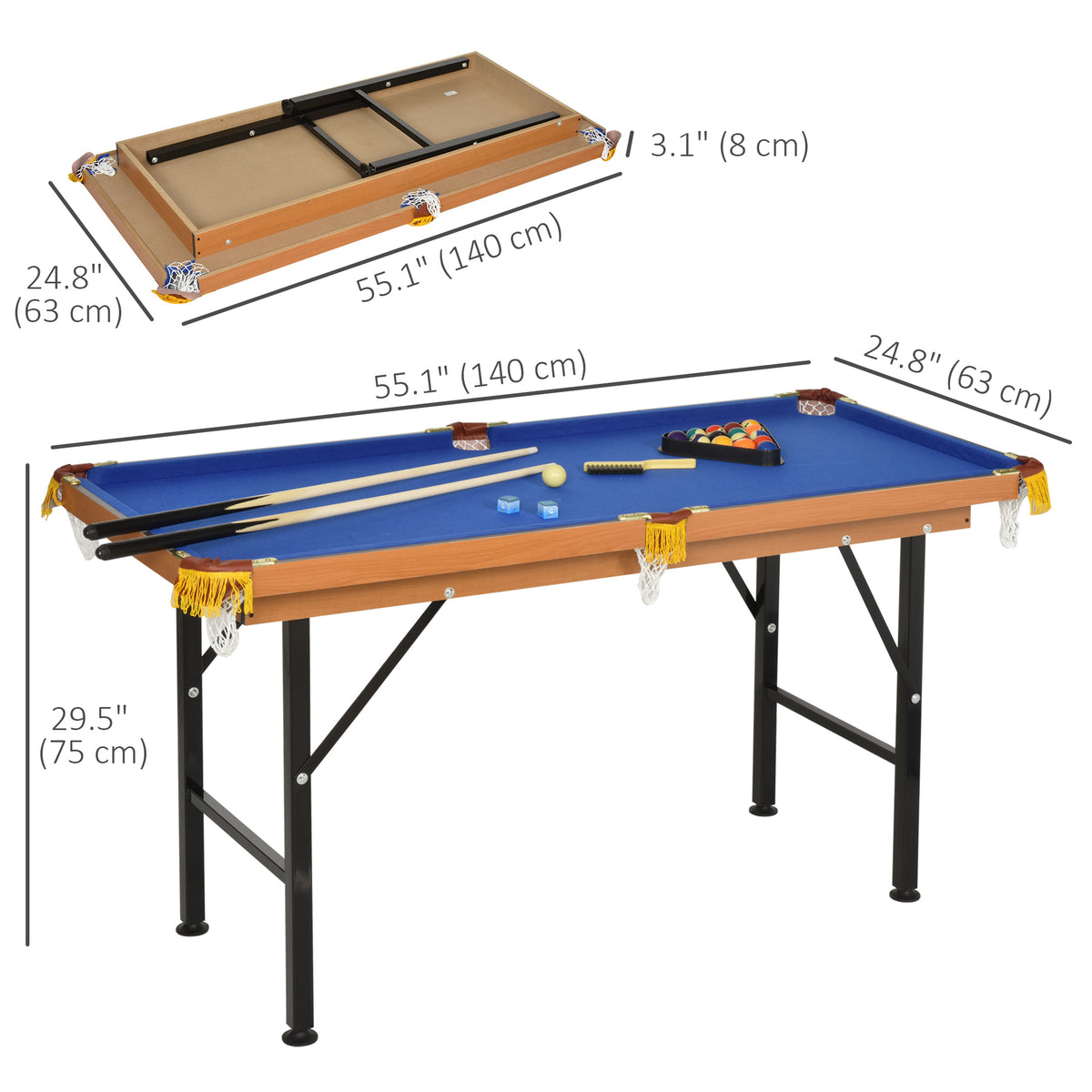 Soozier 55" Mini Pool Table Portable Billiard Table Includes Cues, Ball, Chalk, Rack