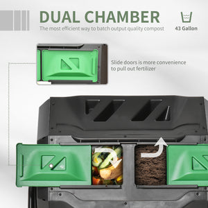43 Gallon (160L) Tumbling Compost Bin Outdoor Dual Chamber 360° Rotating Composter with Sliding Doors – view 10