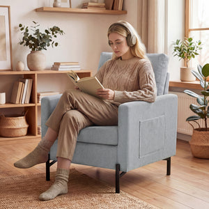Accent Chair Modern Upholstered Armchair with Side Pockets and Cushion for Bedroom, Living Room, Beige – view 27