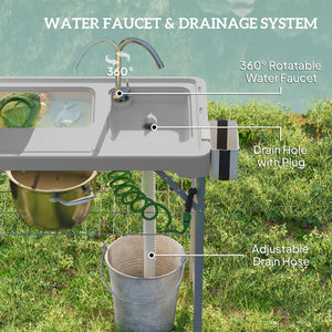Folding Fish Cleaning Table with Sinks, Camping Sink with Faucet Drainage Hose Sprayer Shelf, Grey – view 3