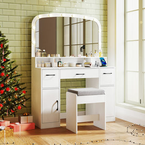 Vanity Desk Makeup Table with Stool 3-Color Lights and Charging Station-White view 2