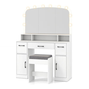 Vanity Desk Makeup Table with Stool 3-Color Lights and Charging Station-White view 4